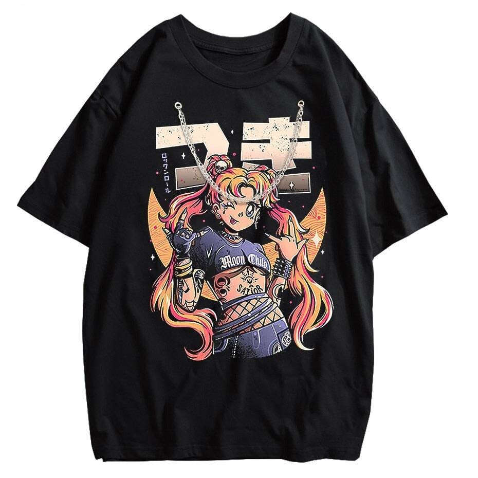 kawaiies-softtoys-plushies-kawaii-plush-Rock On Usagi Tsukino Stone Wash Oversized Tee Tops Plain Black + Chain M 