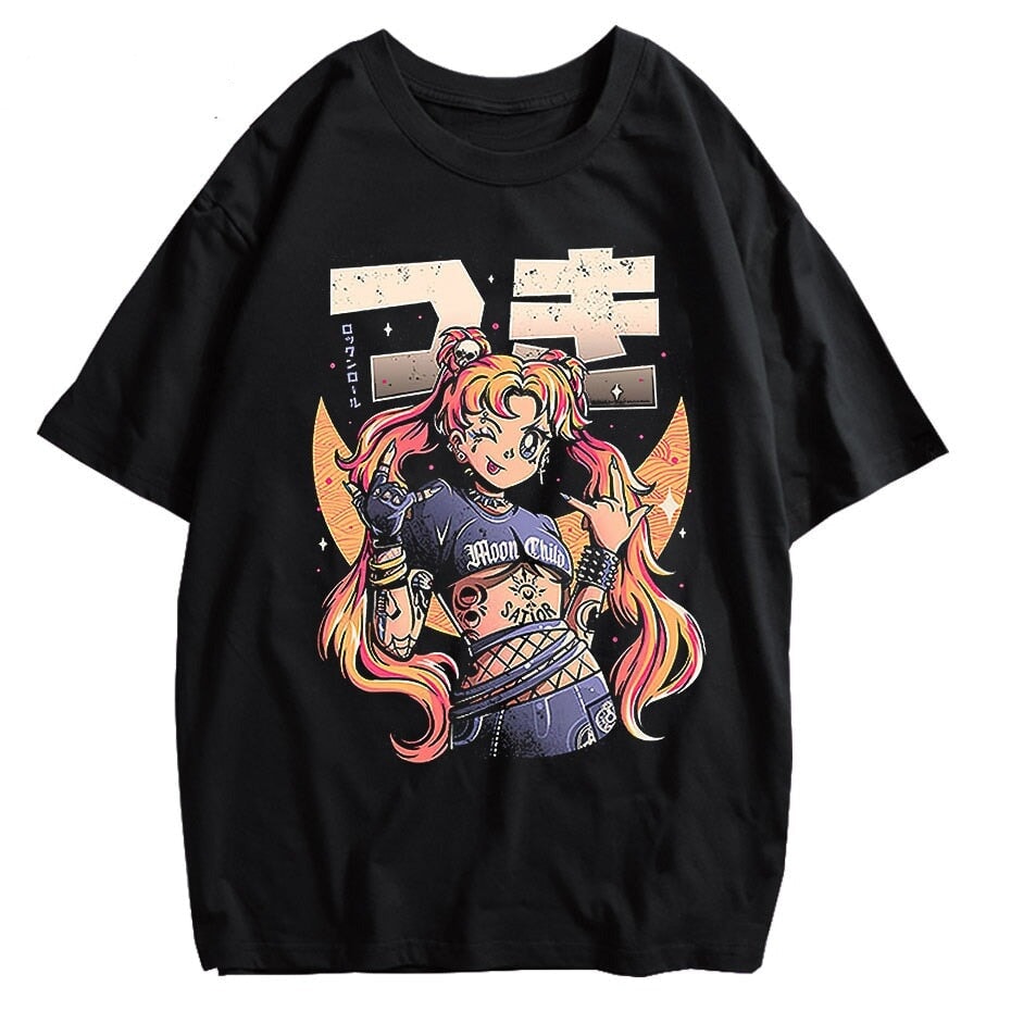 kawaiies-softtoys-plushies-kawaii-plush-Rock On Usagi Tsukino Stone Wash Oversized Tee Tops Plain Black M 