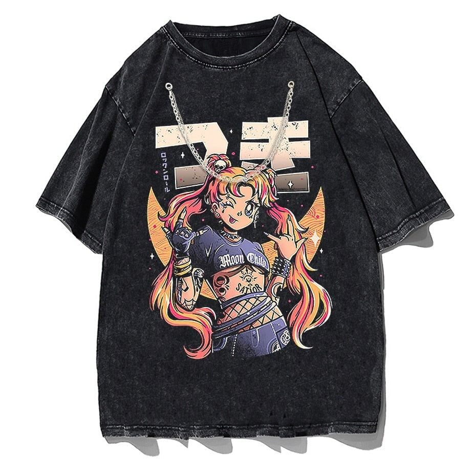 kawaiies-softtoys-plushies-kawaii-plush-Rock On Usagi Tsukino Stone Wash Oversized Tee Tops Stone Wash + Chain M 