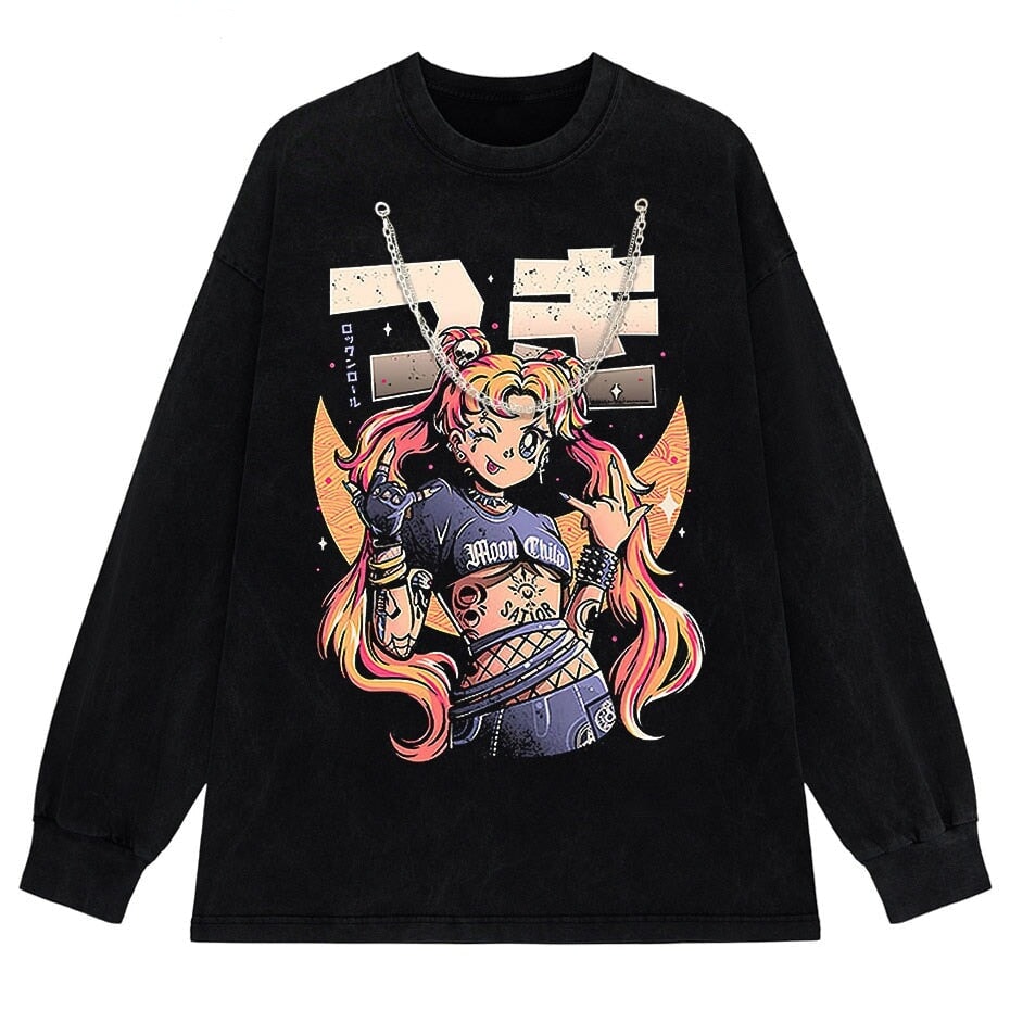 kawaiies-softtoys-plushies-kawaii-plush-Rock On Usagi Tsukino Stone Wash Sweatshirt Tops Black + Chain M 