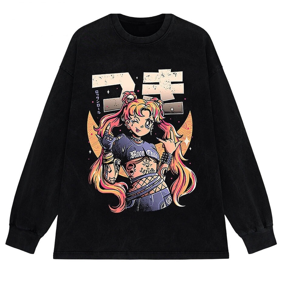 kawaiies-softtoys-plushies-kawaii-plush-Rock On Usagi Tsukino Stone Wash Sweatshirt Tops Black M 