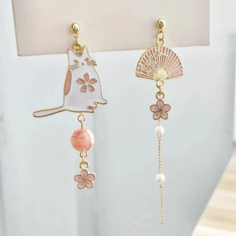 kawaiies-softtoys-plushies-kawaii-plush-Sakura Cat & Fan Drop Earrings Jewelry 