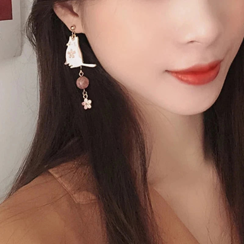 kawaiies-softtoys-plushies-kawaii-plush-Sakura Cat & Fan Drop Earrings Jewelry 