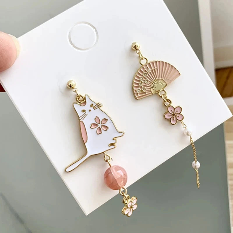 kawaiies-softtoys-plushies-kawaii-plush-Sakura Cat & Fan Drop Earrings Jewelry 
