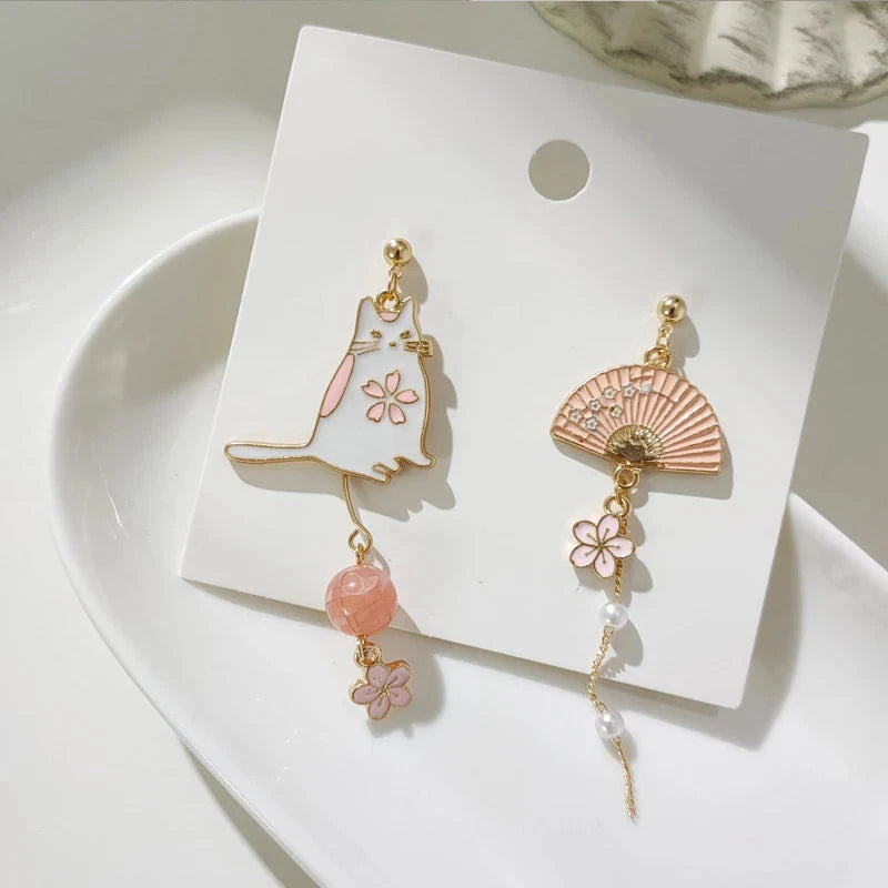 kawaiies-softtoys-plushies-kawaii-plush-Sakura Cat & Fan Drop Earrings Jewelry Cat & Fan 