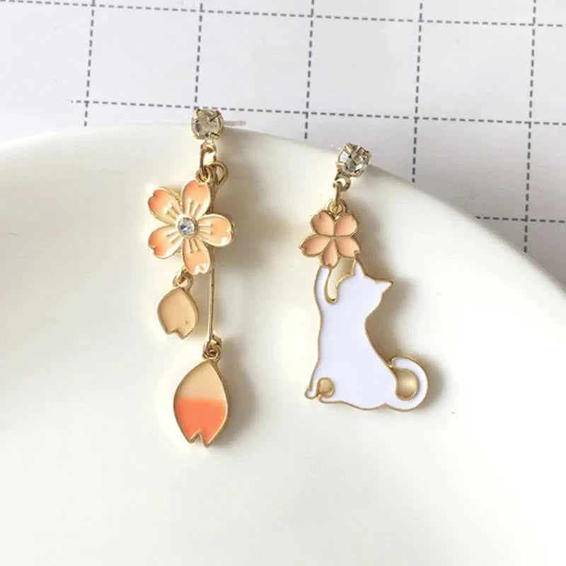 kawaiies-softtoys-plushies-kawaii-plush-Sakura Cat & Fan Drop Earrings Jewelry Cat & Sakura 