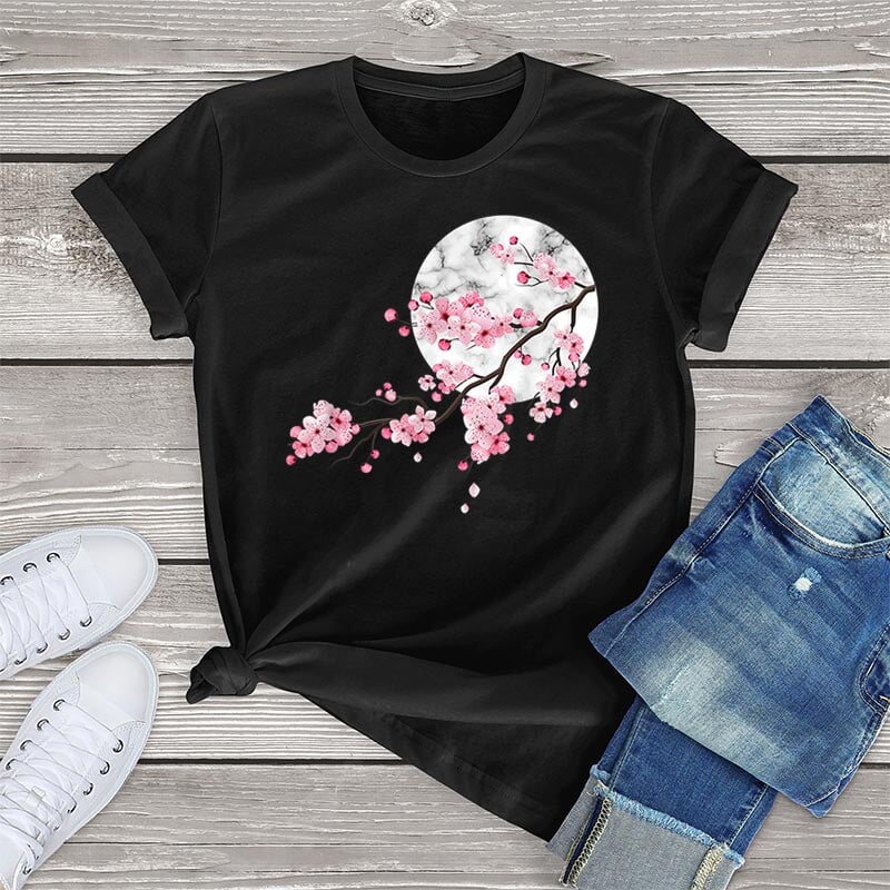 kawaiies-softtoys-plushies-kawaii-plush-Sakura Cherry Blossom Full Moon Cotton Tee Apparel Black XS 