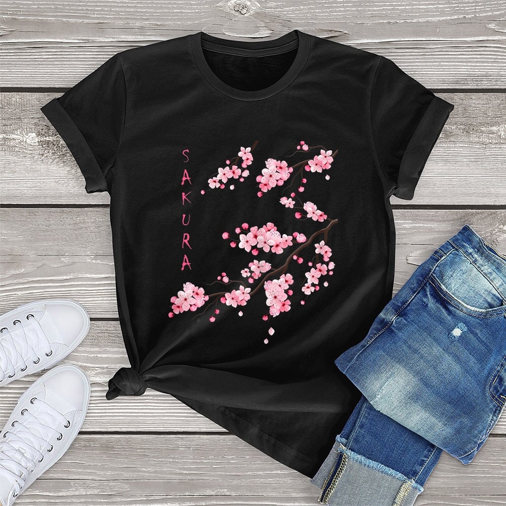 kawaiies-softtoys-plushies-kawaii-plush-Sakura Cherry Blossom Tee Tops Black XS 