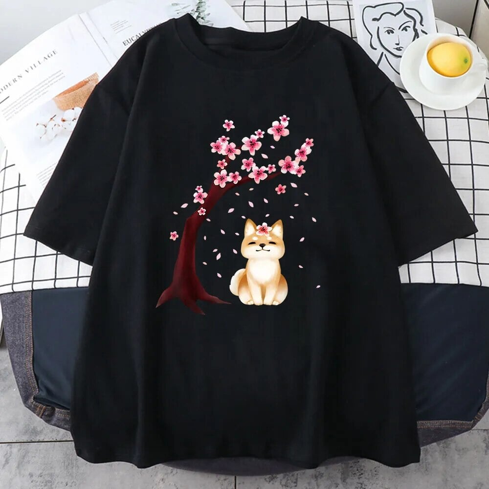 kawaiies-softtoys-plushies-kawaii-plush-Shiba Inu Sakura Tree Unisex Cotton Tee Apparel Black XS 