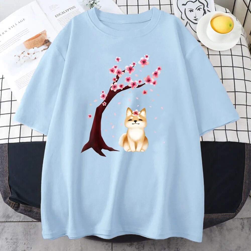 kawaiies-softtoys-plushies-kawaii-plush-Shiba Inu Sakura Tree Unisex Cotton Tee Apparel Blue XS 