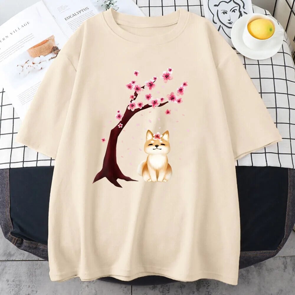 kawaiies-softtoys-plushies-kawaii-plush-Shiba Inu Sakura Tree Unisex Cotton Tee Apparel Cream XS 