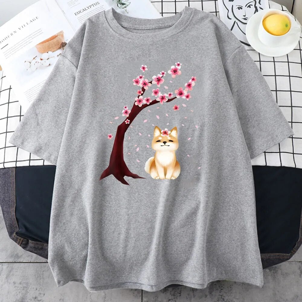 kawaiies-softtoys-plushies-kawaii-plush-Shiba Inu Sakura Tree Unisex Cotton Tee Apparel Gray XS 