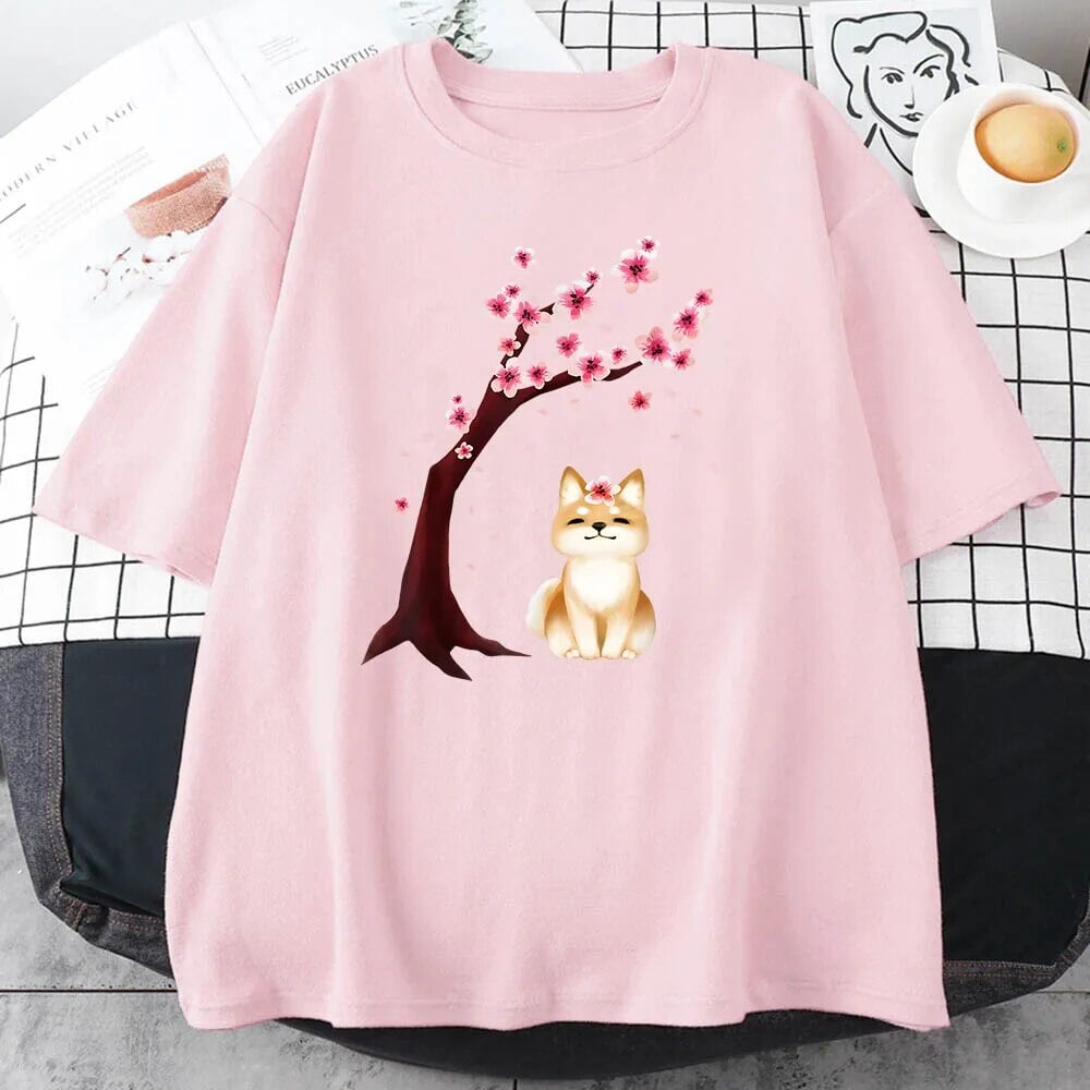 kawaiies-softtoys-plushies-kawaii-plush-Shiba Inu Sakura Tree Unisex Cotton Tee Apparel Pink XS 