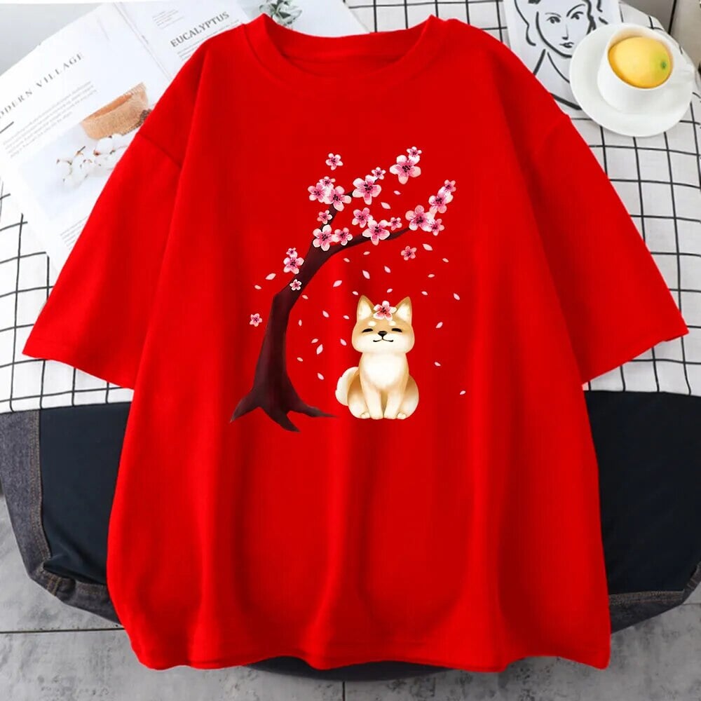 kawaiies-softtoys-plushies-kawaii-plush-Shiba Inu Sakura Tree Unisex Cotton Tee Apparel Red XS 