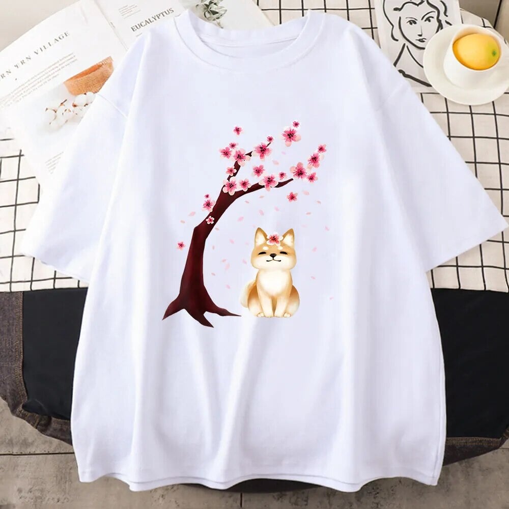 kawaiies-softtoys-plushies-kawaii-plush-Shiba Inu Sakura Tree Unisex Cotton Tee Apparel White XS 