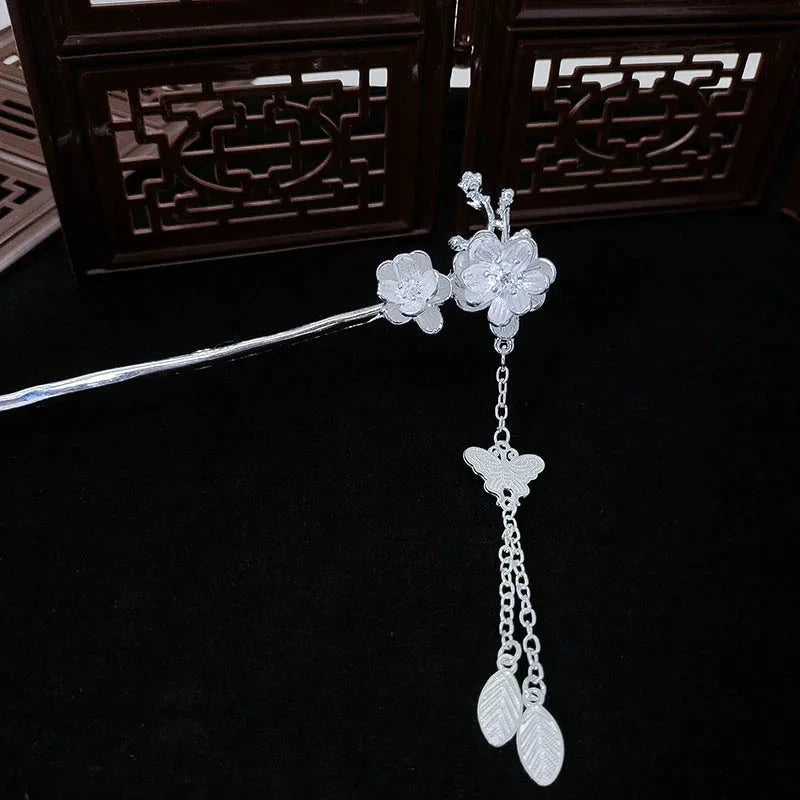 kawaiies-softtoys-plushies-kawaii-plush-Silver Peacock Tassel Chinese Style Hair Pin Accessories Butterfly Flower 