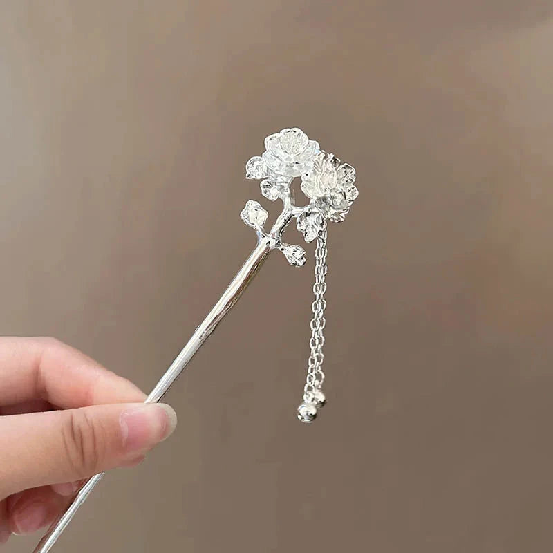kawaiies-softtoys-plushies-kawaii-plush-Silver Peacock Tassel Chinese Style Hair Pin Accessories Rose Blossom 