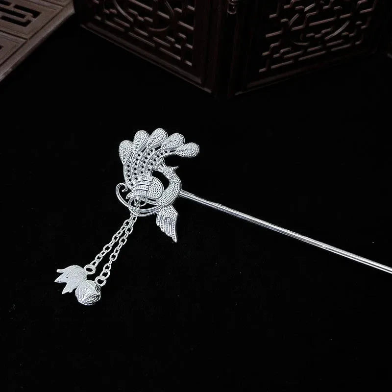 kawaiies-softtoys-plushies-kawaii-plush-Silver Peacock Tassel Chinese Style Hair Pin Accessories Silver Peacock 