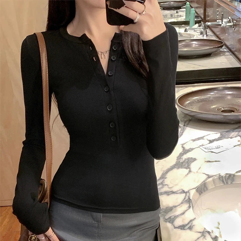 kawaiies-softtoys-plushies-kawaii-plush-Sleek Slim Fit Ribbed Button-Up Long Sleeve Top Apparel Black S 