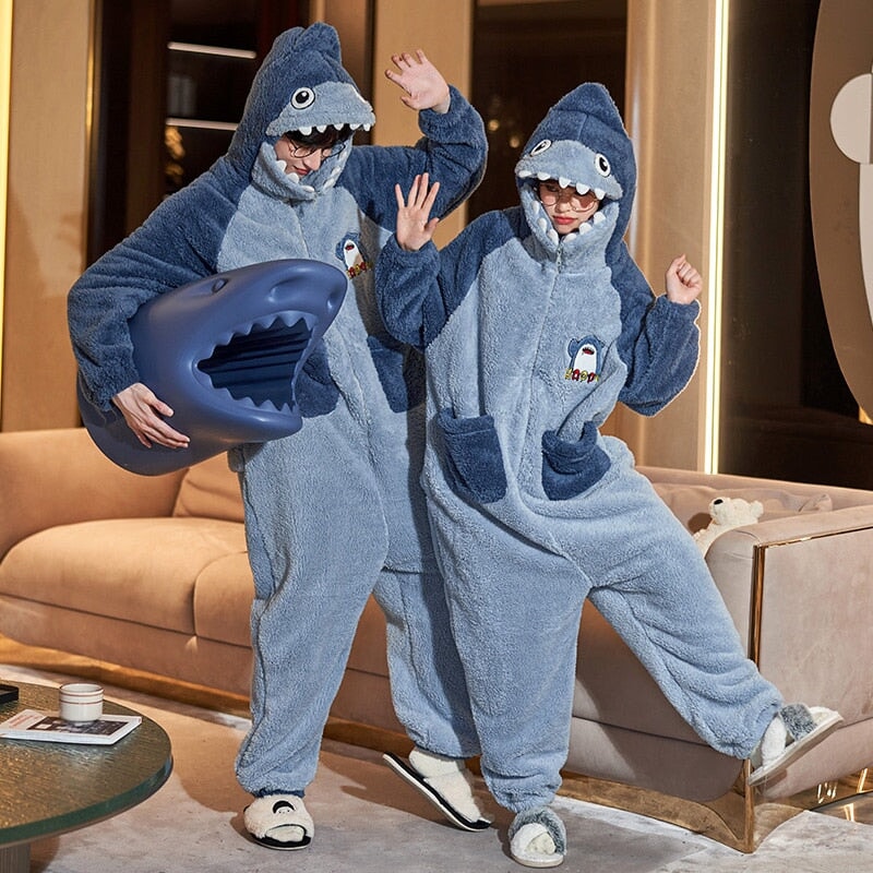 Soft Blue Shark Fluffy Pyjama 1-Piece Set