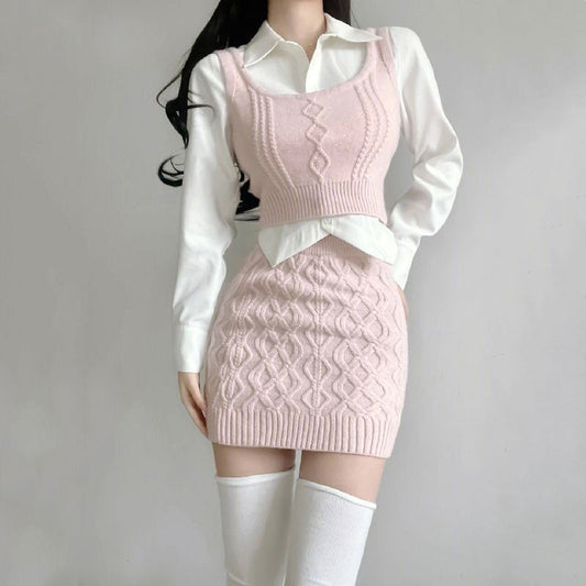 kawaiies-softtoys-plushies-kawaii-plush-Spring Pink Elegant Knitted Tank and Skirt Three-piece Set Apparel 