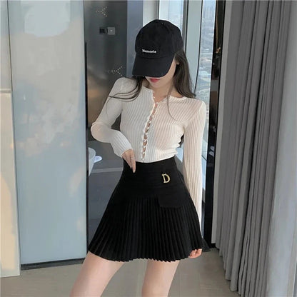 kawaiies-softtoys-plushies-kawaii-plush-Summer White Black Pleated Skirt with Buckle Apparel 