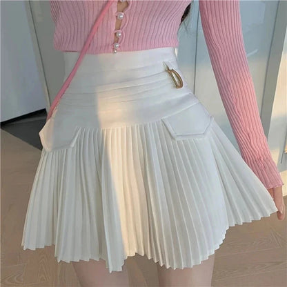 kawaiies-softtoys-plushies-kawaii-plush-Summer White Black Pleated Skirt with Buckle Apparel 