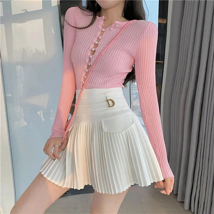 kawaiies-softtoys-plushies-kawaii-plush-Summer White Black Pleated Skirt with Buckle Apparel White S 