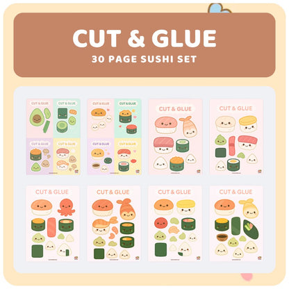 kawaiies-softtoys-plushies-kawaii-plush-Sushi Cut & Glue Activity – Kawaii Printable Craft for Kids (30 Pages) Cut & Glue 