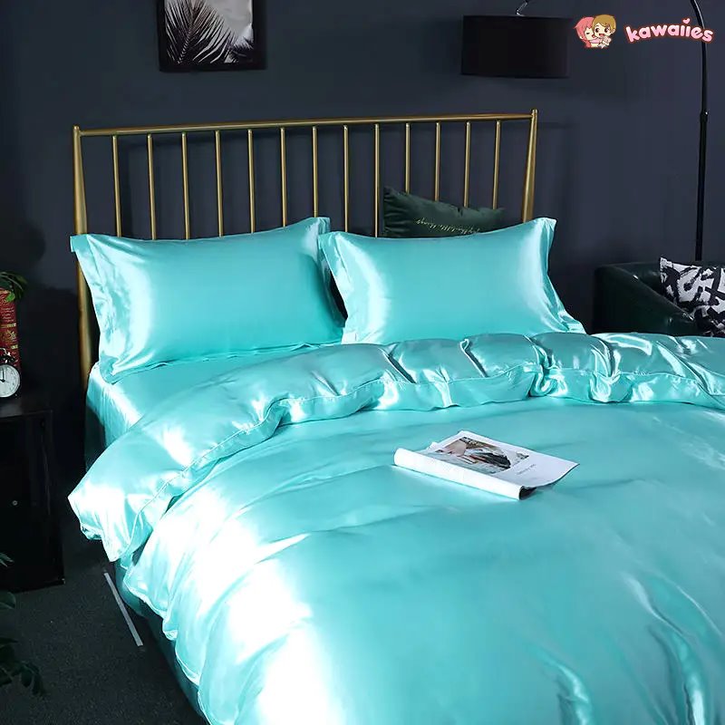 kawaiies-softtoys-plushies-kawaii-plush-Turquoise Mulberry Silk Bedding Set Bedding Sets 