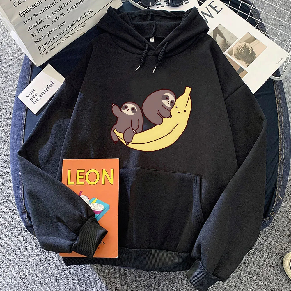 kawaiies-softtoys-plushies-kawaii-plush-Two Baby Sloths Hugging Banana Unisex Hoodie Apparel Black M 