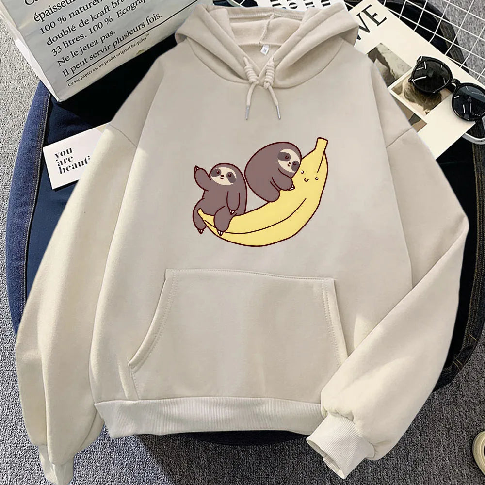 kawaiies-softtoys-plushies-kawaii-plush-Two Baby Sloths Hugging Banana Unisex Hoodie Apparel Cream M 