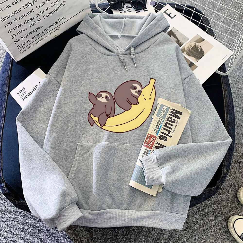 kawaiies-softtoys-plushies-kawaii-plush-Two Baby Sloths Hugging Banana Unisex Hoodie Apparel Gray XS 