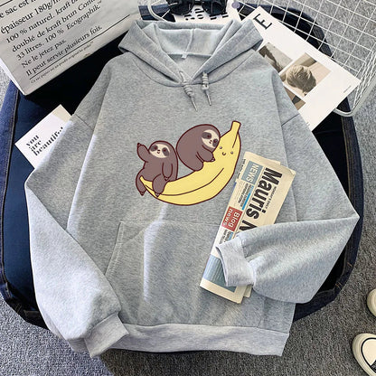 kawaiies-softtoys-plushies-kawaii-plush-Two Baby Sloths Hugging Banana Unisex Hoodie Apparel Gray XS 