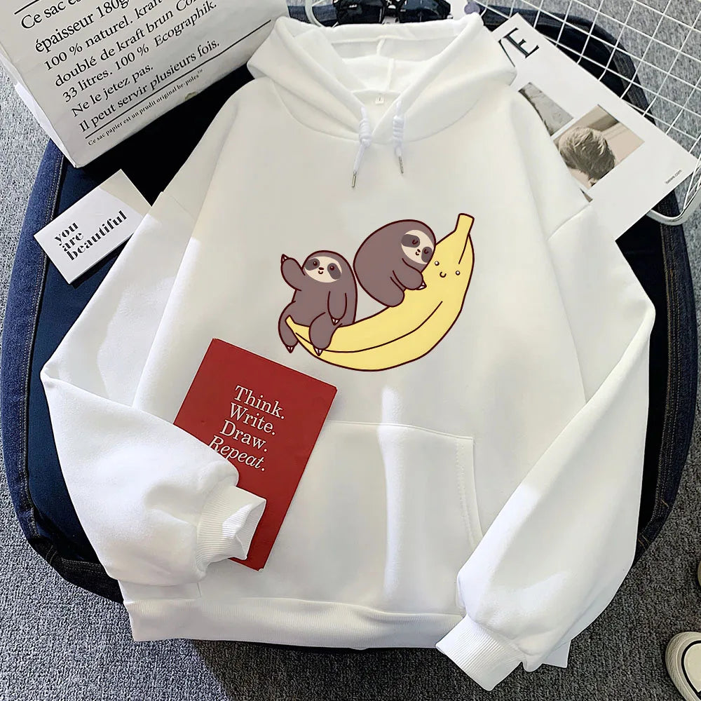kawaiies-softtoys-plushies-kawaii-plush-Two Baby Sloths Hugging Banana Unisex Hoodie Apparel White S 