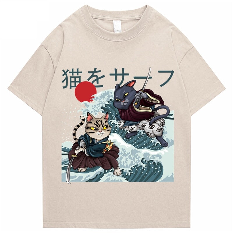 kawaiies-softtoys-plushies-kawaii-plush-Two Samurai Cats Battling on Waves Unisex Tee Apparel Cream S 