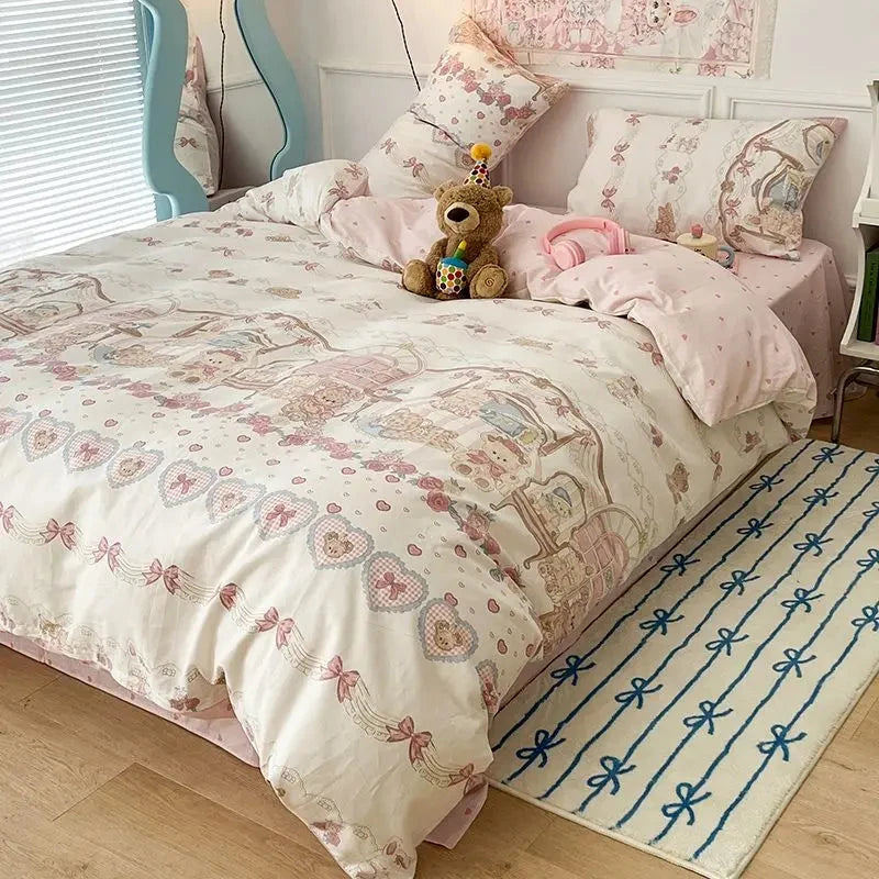 kawaiies-softtoys-plushies-kawaii-plush-Vintage Bear Cute Polyester Bedding Set with Bed Sheet Home Decor 