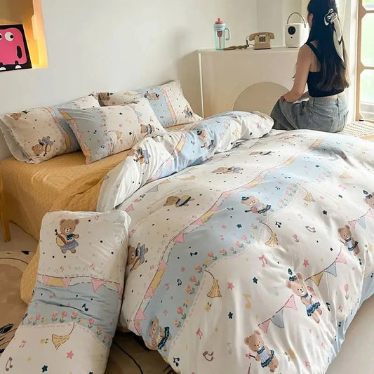 kawaiies-softtoys-plushies-kawaii-plush-Vintage Bear Cute Polyester Bedding Set with Bed Sheet Home Decor Blue Party Single 