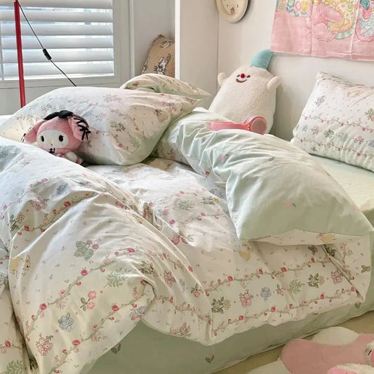 kawaiies-softtoys-plushies-kawaii-plush-Vintage Bunny Rabbit Cute Polyester Bedding Set with Bed Sheet Home Decor Green Floral Single 
