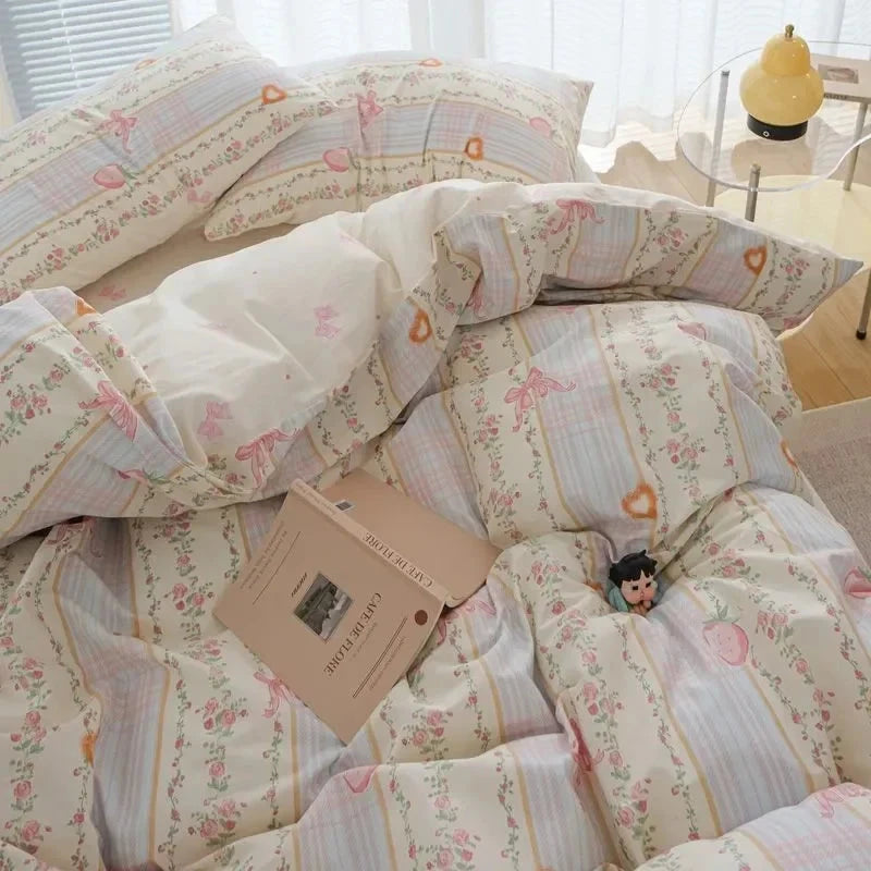 kawaiies-softtoys-plushies-kawaii-plush-Vintage Flowers Floral Cute Polyester Bedding Set with Bed Sheet Home Decor Floral Bow Single 