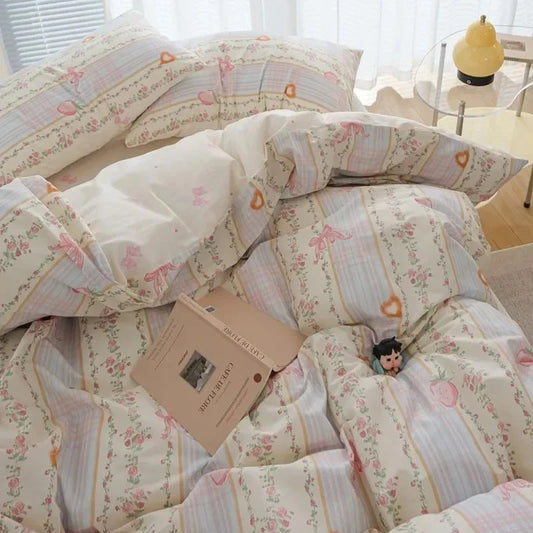 kawaiies-softtoys-plushies-kawaii-plush-Vintage Flowers Floral Cute Polyester Bedding Set with Bed Sheet Home Decor Floral Bow Single 