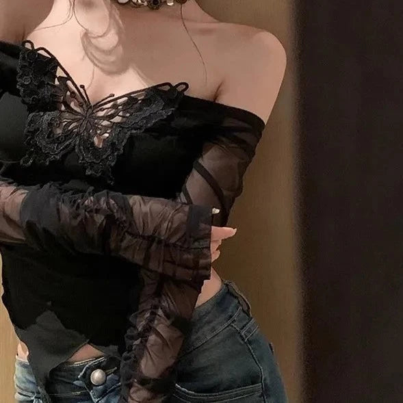kawaiies-softtoys-plushies-kawaii-plush-White Black Butterfly Off Shoulder Long Sleeve Women's Top Tops 