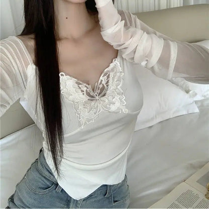 kawaiies-softtoys-plushies-kawaii-plush-White Black Butterfly Off Shoulder Long Sleeve Women's Top Tops 