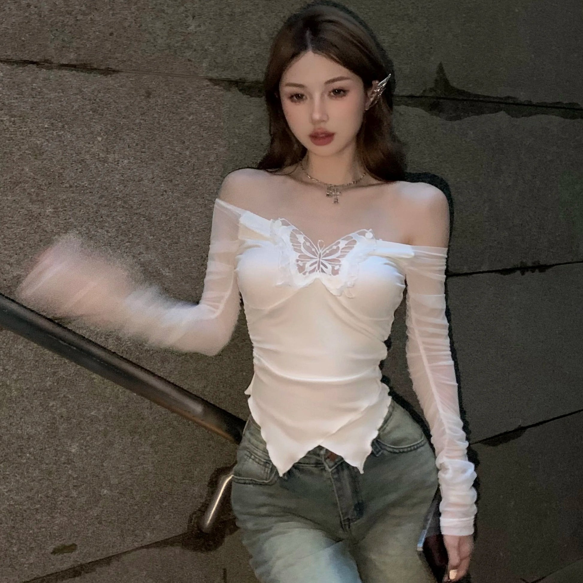 kawaiies-softtoys-plushies-kawaii-plush-White Black Butterfly Off Shoulder Long Sleeve Women's Top Tops 