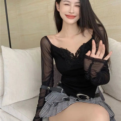 kawaiies-softtoys-plushies-kawaii-plush-White Black Butterfly Off Shoulder Long Sleeve Women's Top Tops 