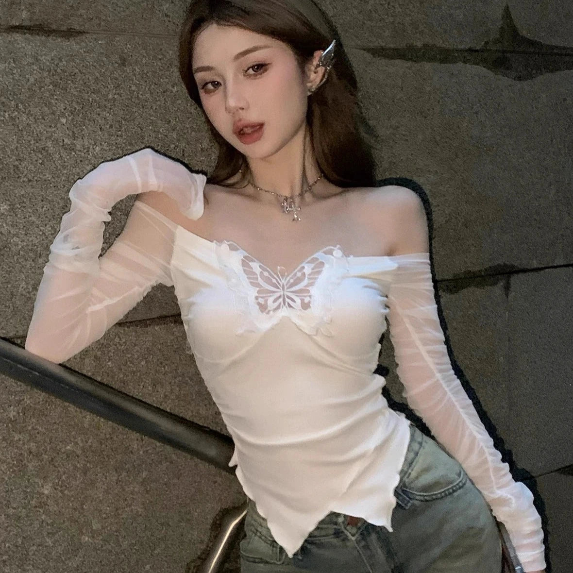 kawaiies-softtoys-plushies-kawaii-plush-White Black Butterfly Off Shoulder Long Sleeve Women's Top Tops 