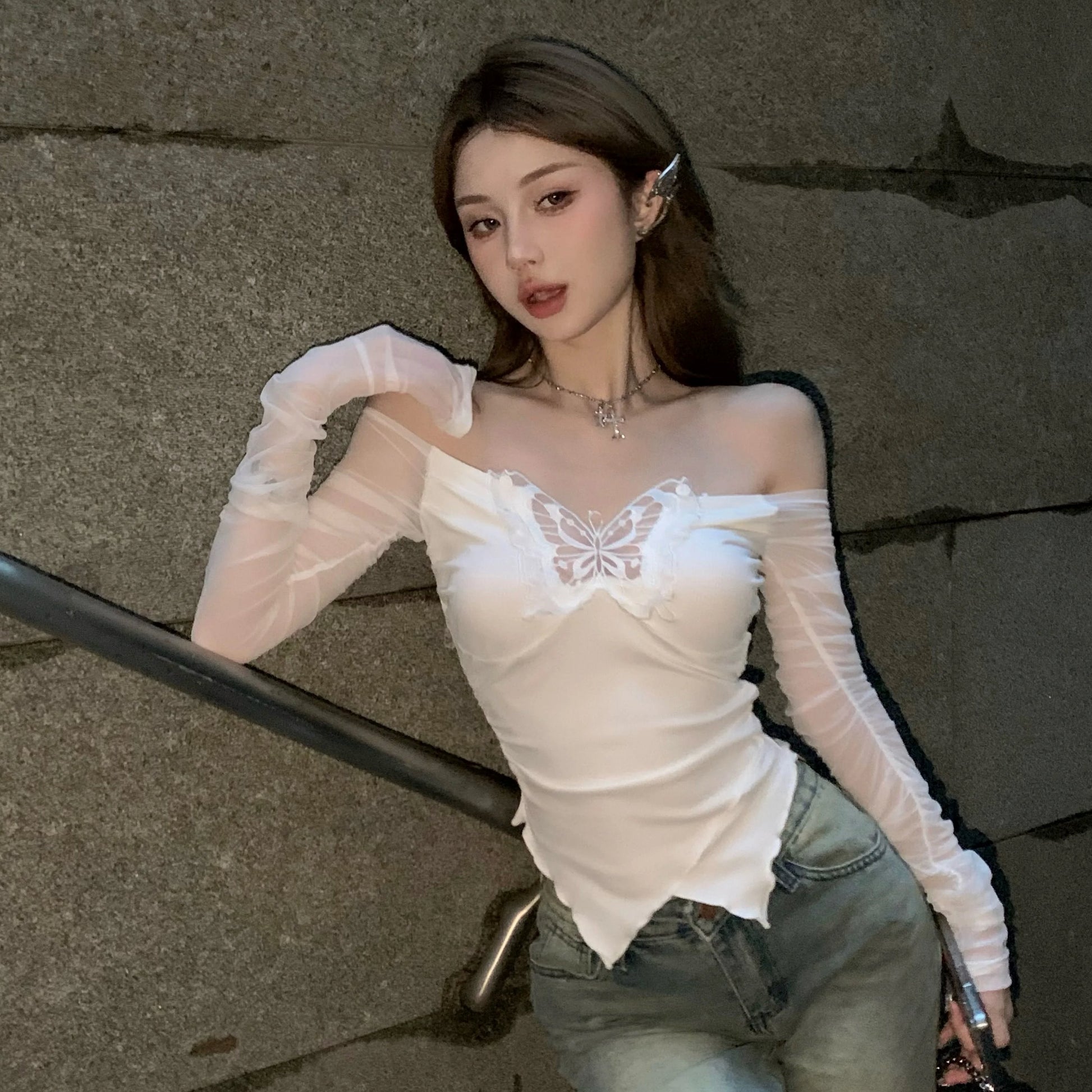 kawaiies-softtoys-plushies-kawaii-plush-White Black Butterfly Off Shoulder Long Sleeve Women's Top Tops 