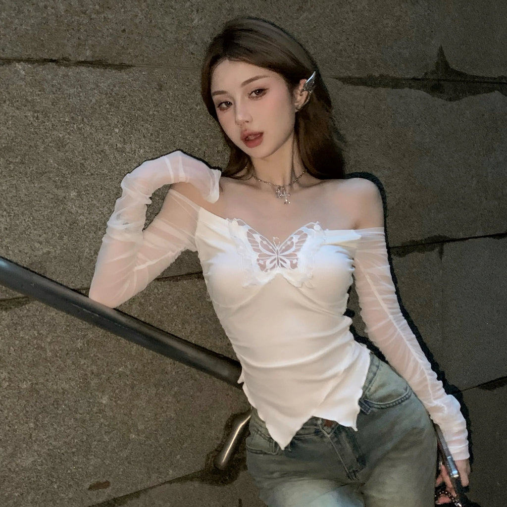 kawaiies-softtoys-plushies-kawaii-plush-White Black Butterfly Off Shoulder Long Sleeve Women's Top Tops 