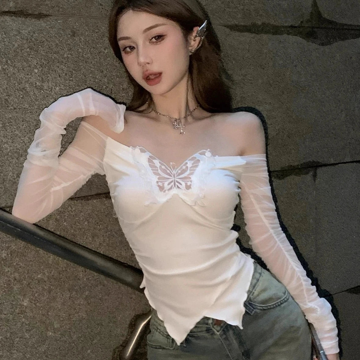 kawaiies-softtoys-plushies-kawaii-plush-White Black Butterfly Off Shoulder Long Sleeve Women's Top Tops 