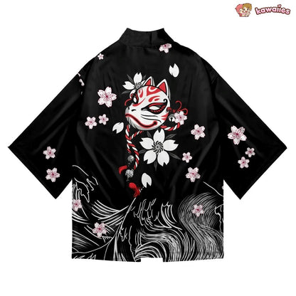 kawaiies-softtoys-plushies-kawaii-plush-White Fox Mask Sakura Unisex Black Kimono Kimono 